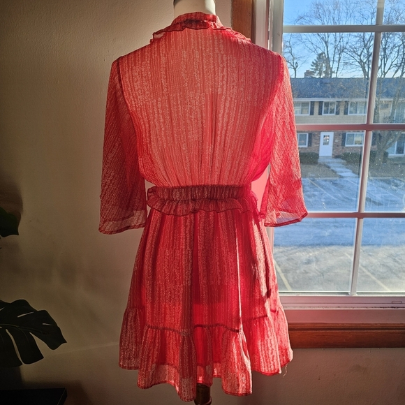 VICI Medium Red V Neck Sheer Flutter Sleeve Mini Dress - Picture 4 of 5